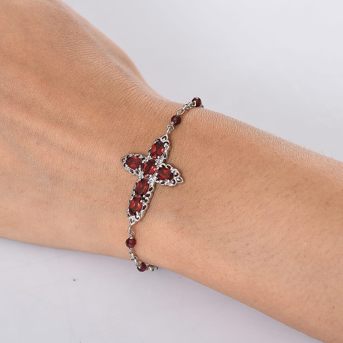 EverTrue Mozambique Garnet 5.00 ctw Cross Bracelet in Platinum Bond (6.50-8.0In) image number 2