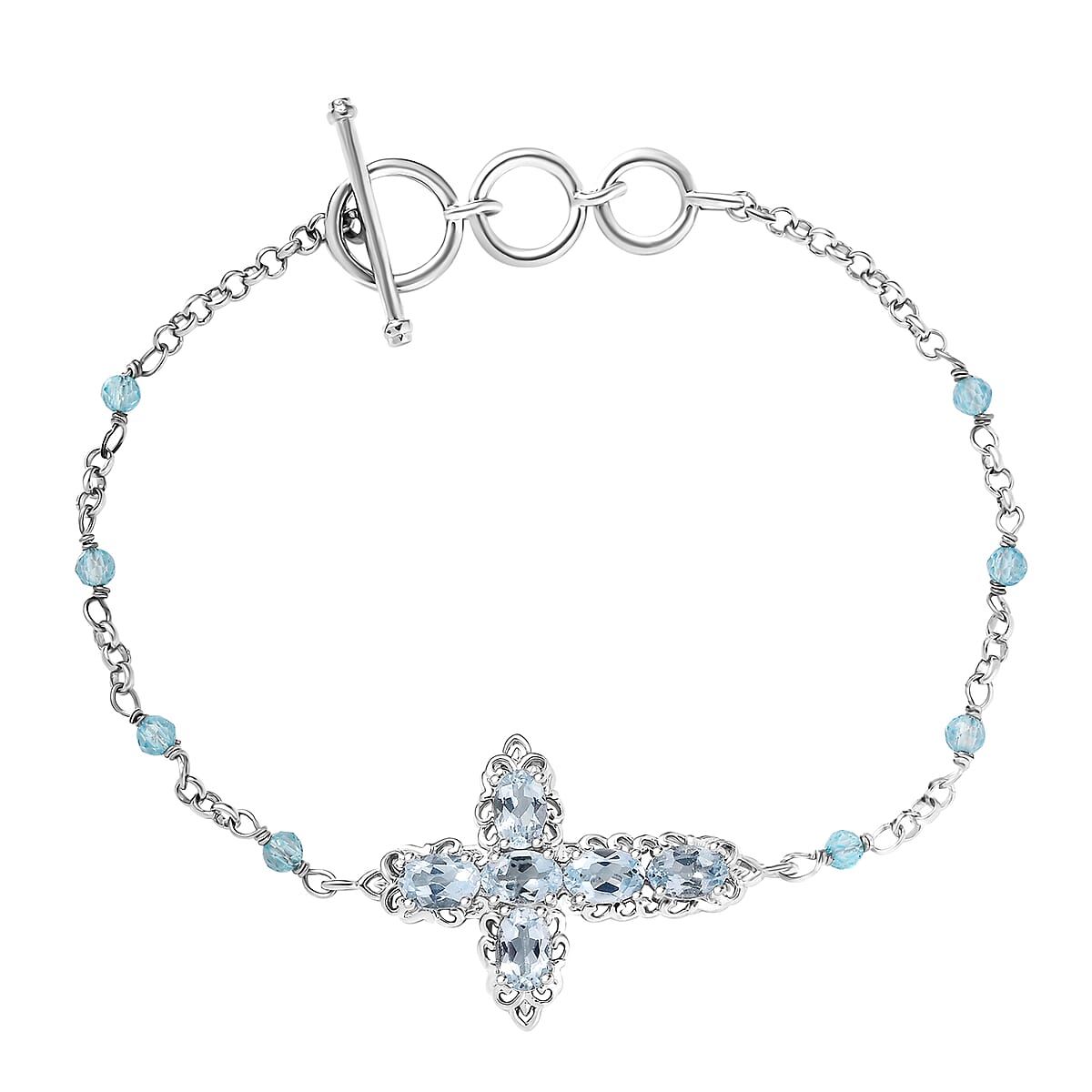 EverTrue Sky Blue Topaz 4.30 ctw Cross Bracelet in Platinum Bond (6.50-8.0In) image number 0