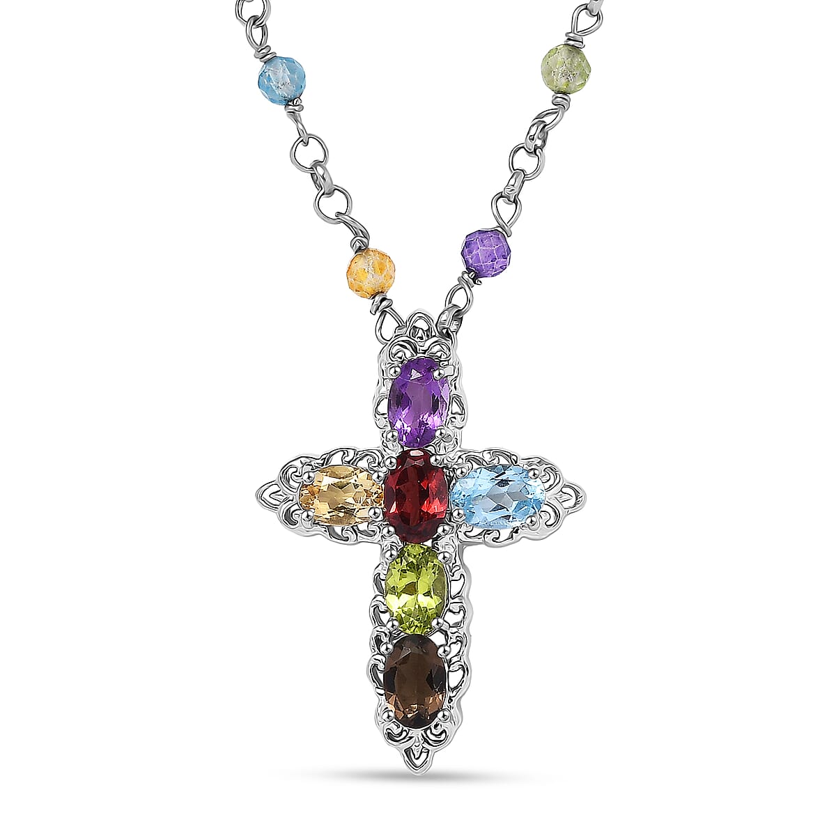 EverTrue Multi Gemstone 8.25 ctw Cross Necklace in Platinum Bond 18 Inches image number 0