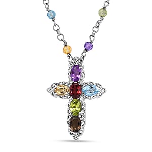 EverTrue Multi Gemstone 8.25 ctw Cross Necklace in Platinum Bond 18 Inches