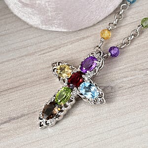 EverTrue Multi Gemstone 8.25 ctw Cross Necklace in Platinum Bond 18 Inches