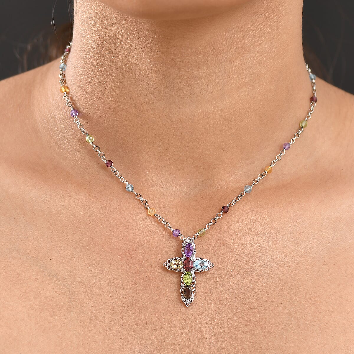 EverTrue Multi Gemstone 8.25 ctw Cross Necklace in Platinum Bond 18 Inches image number 2