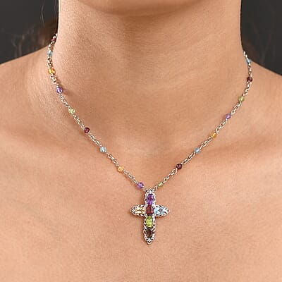 EverTrue Multi Gemstone 8.25 ctw Cross Necklace in Platinum Bond 18 Inches