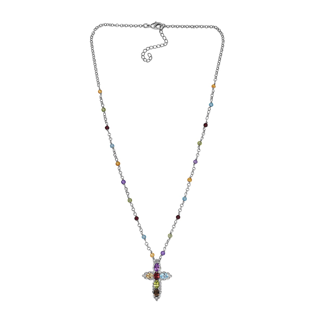 EverTrue Multi Gemstone 8.25 ctw Cross Necklace in Platinum Bond 18 Inches image number 3