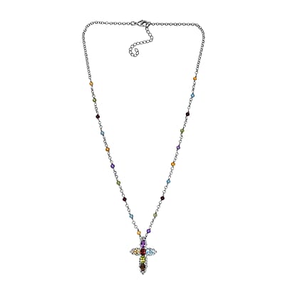 EverTrue Multi Gemstone 8.25 ctw Cross Necklace in Platinum Bond 18 Inches