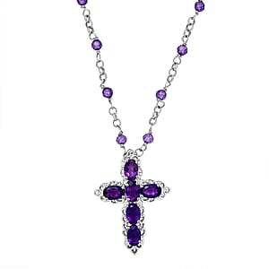 EverTrue African Amethyst 5.90 ctw Cross Necklace in Platinum Bond 18 Inches