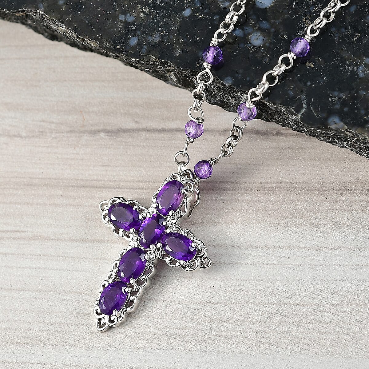 EverTrue African Amethyst 5.90 ctw Cross Necklace in Platinum Bond 18 Inches image number 1