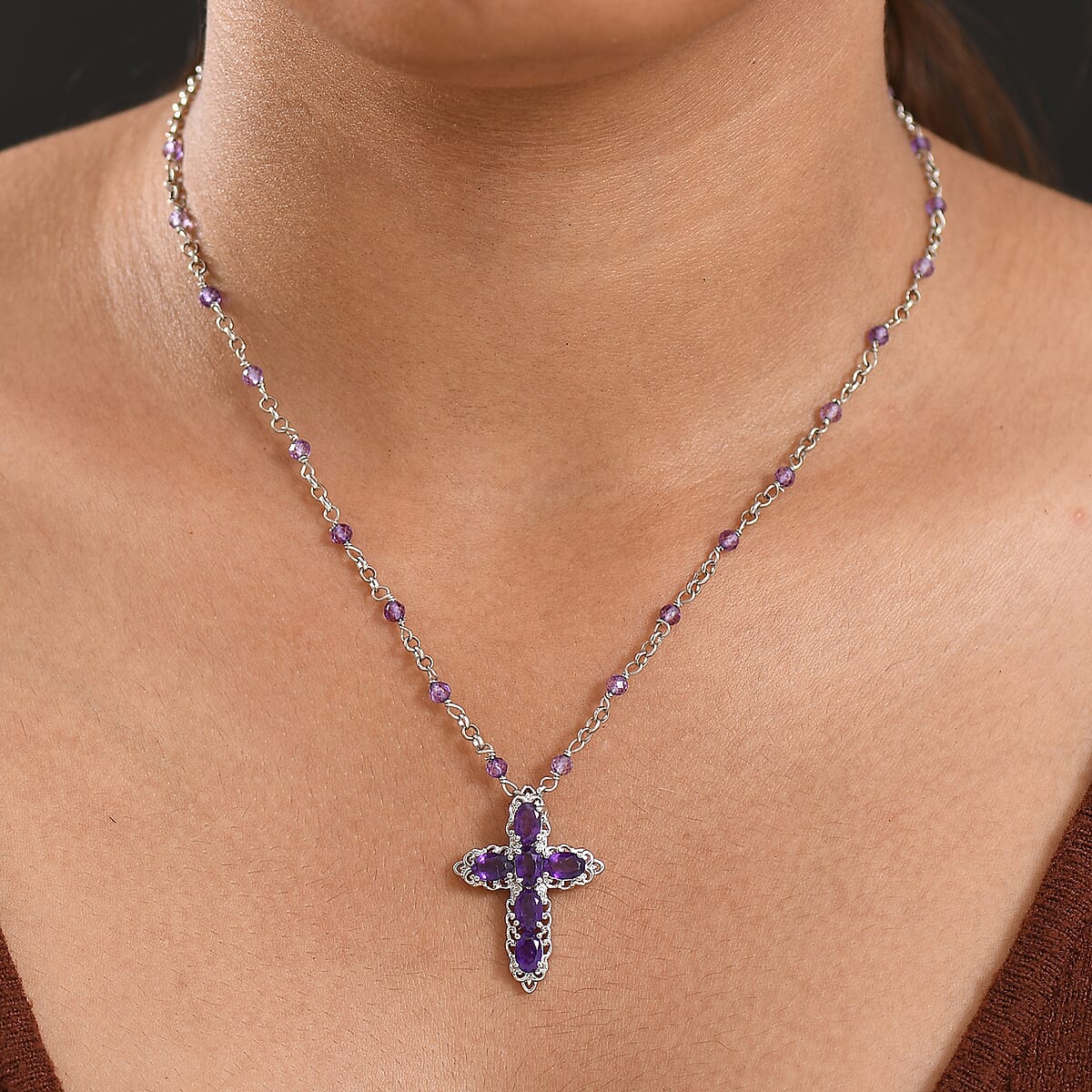 EverTrue African Amethyst 5.90 ctw Cross Necklace in Platinum Bond 18 Inches image number 2