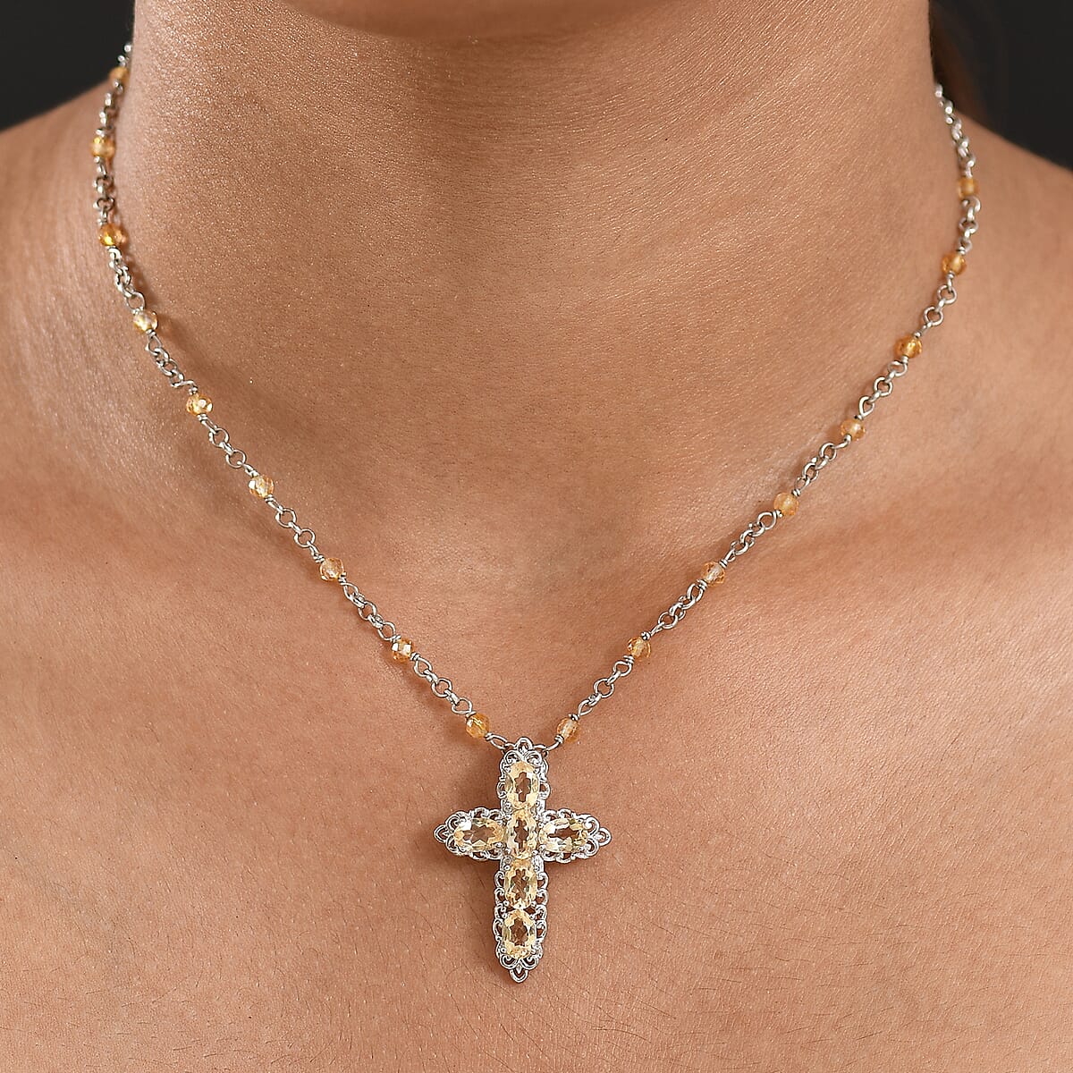 EverTrue Brazilian Citrine 7.20 ctw Cross Necklace in Platinum Bond 18 Inches image number 2