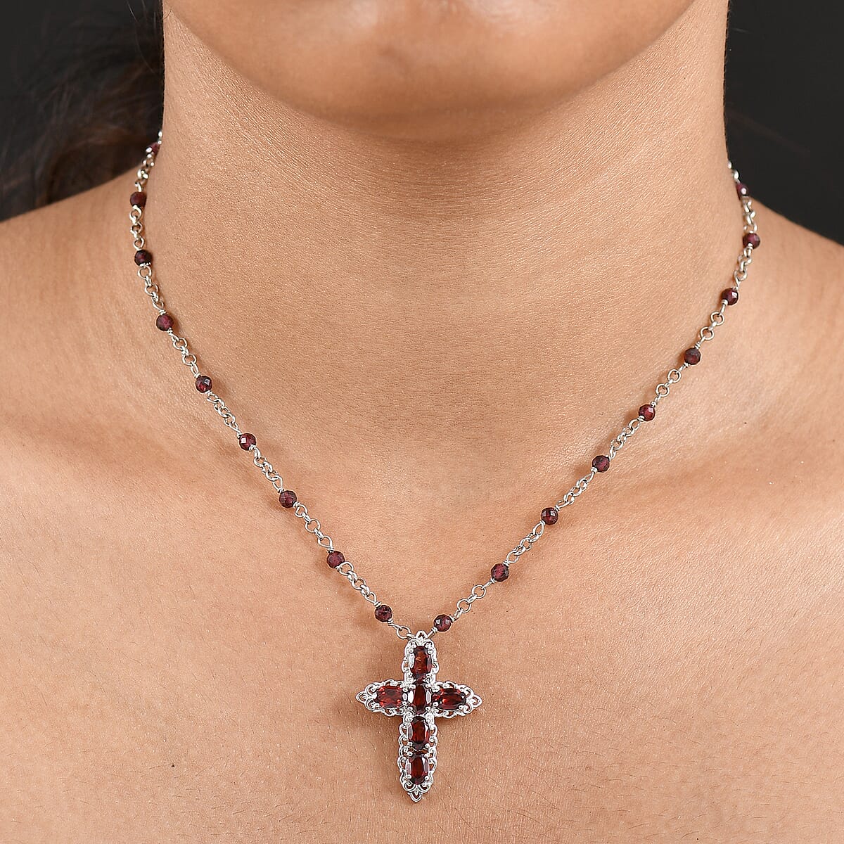 EverTrue Mozambique Garnet 9.25 ctw Cross Necklace in Platinum Bond 18 Inches image number 2