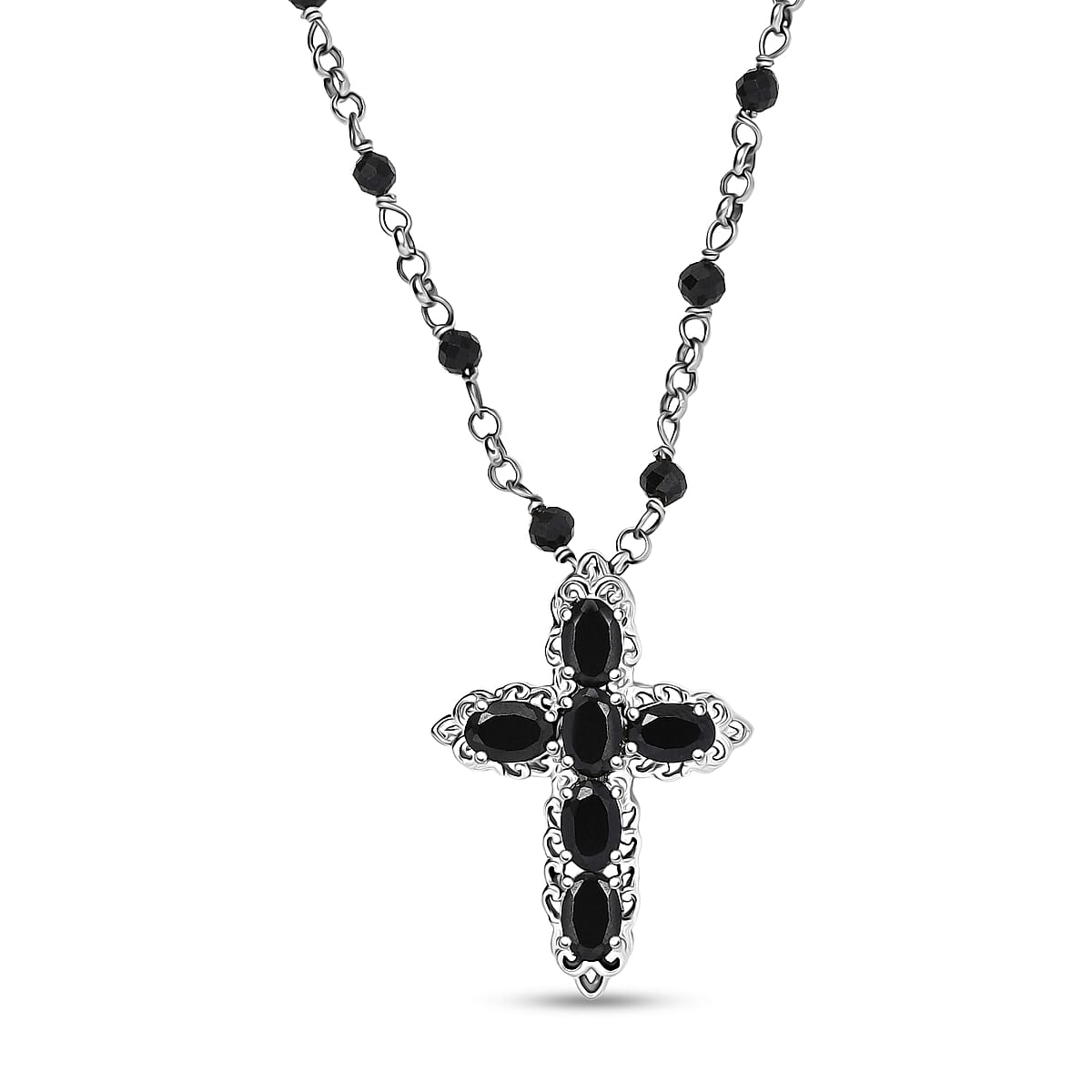 EverTrue Thai Black Spinel 9.25 ctw Cross Necklace in Platinum Bond 18 Inches image number 0