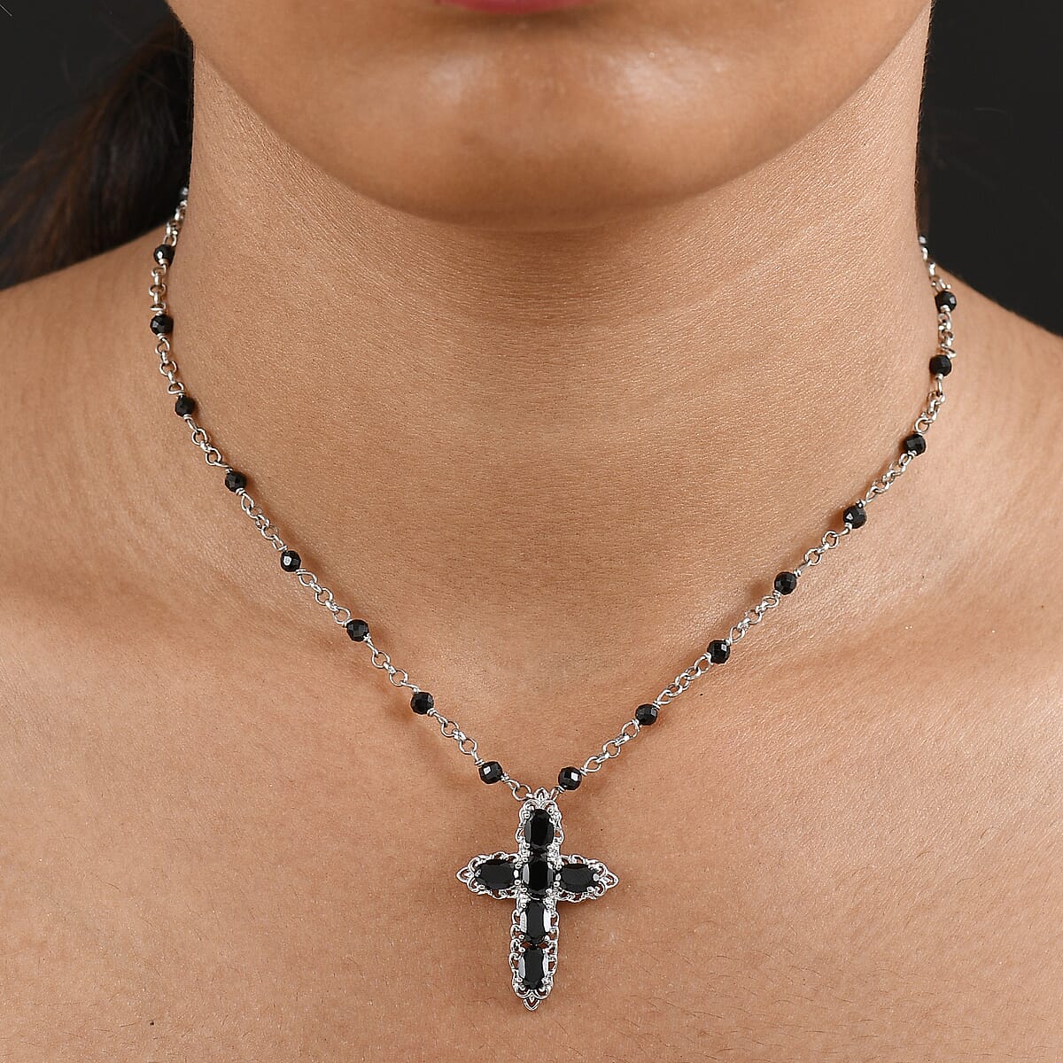EverTrue Thai Black Spinel 9.25 ctw Cross Necklace in Platinum Bond 18 Inches image number 2