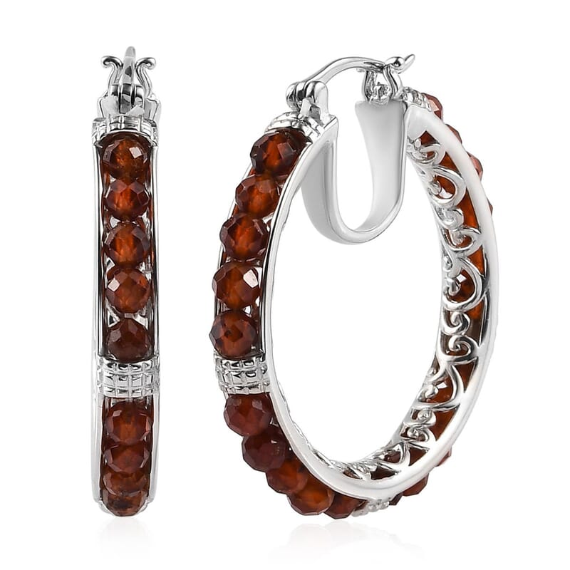 EverTrue Hessonite Garnet 25.40 ctw Hoop Earrings in Platinum Bond