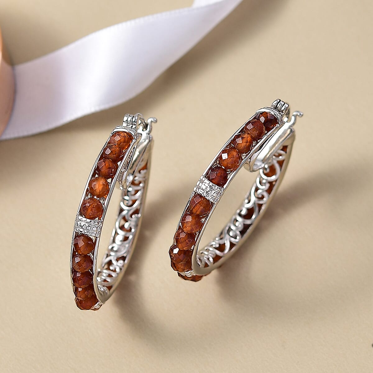 EverTrue Hessonite Garnet 25.40 ctw Hoop Earrings in Platinum Bond image number 1