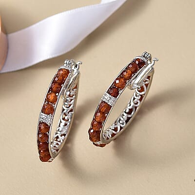EverTrue Hessonite Garnet 25.40 ctw Hoop Earrings in Platinum Bond