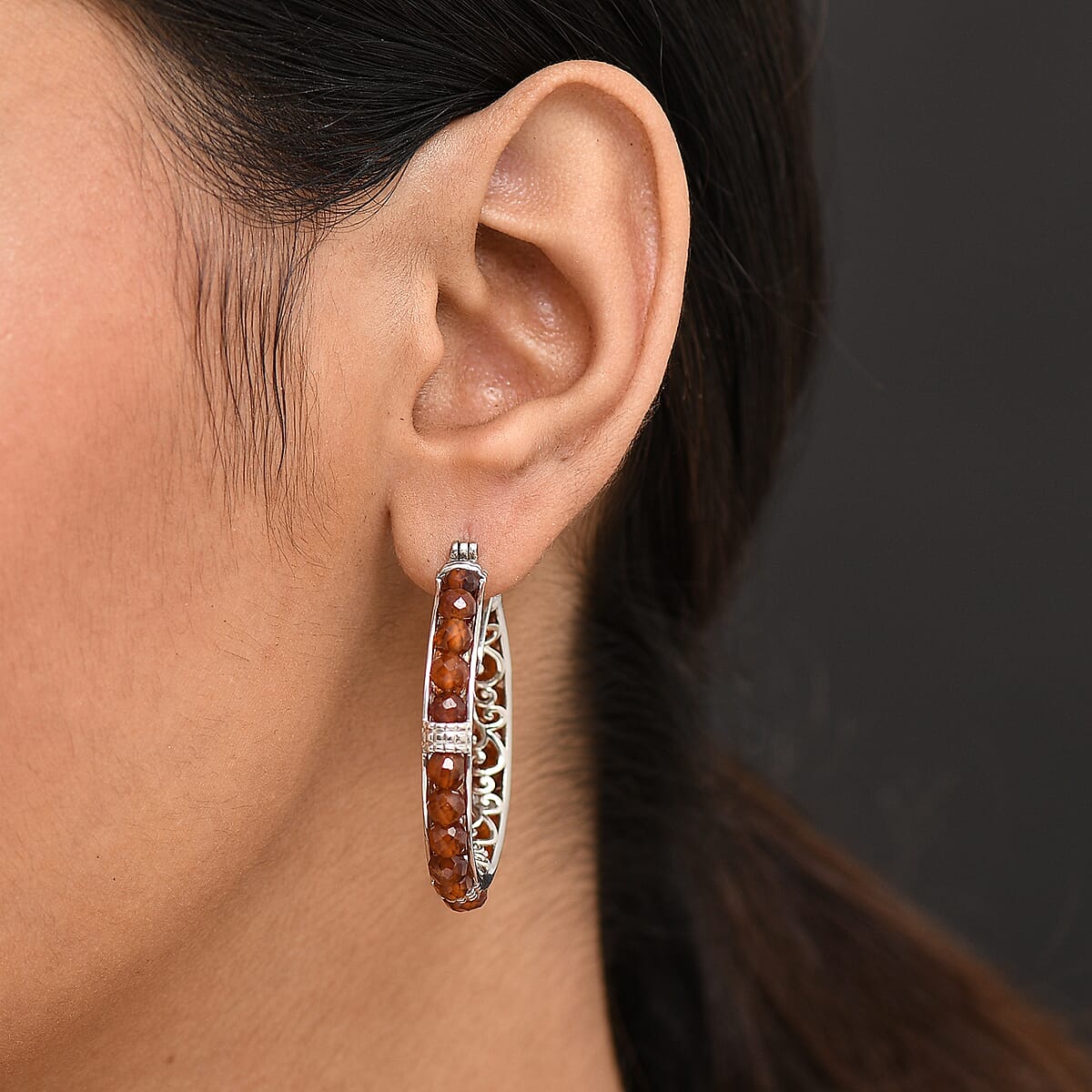 EverTrue Hessonite Garnet 25.40 ctw Hoop Earrings in Platinum Bond image number 2