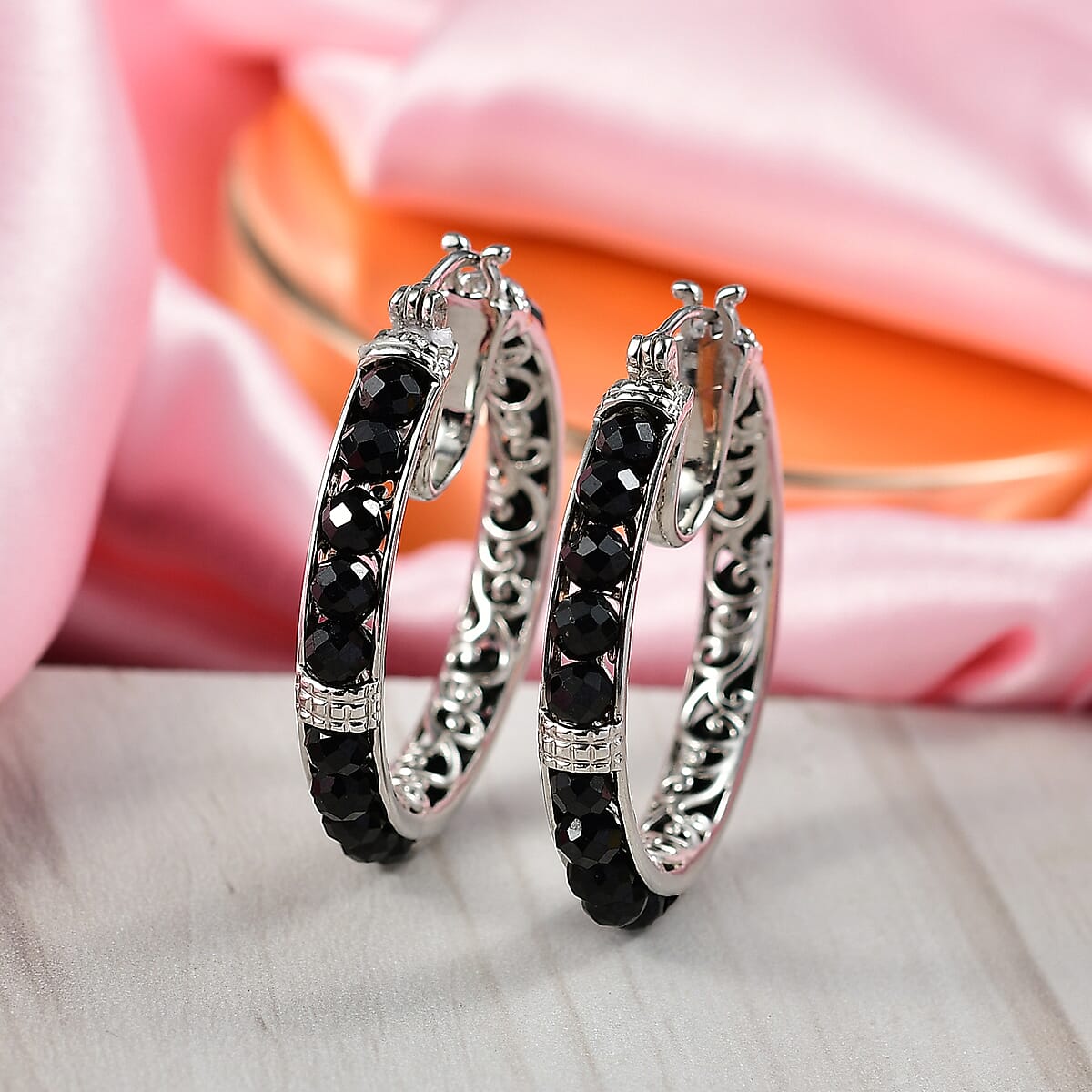EverTrue Thai Black Spinel 20.15 ctw Hoop Earrings in Platinum Bond image number 1