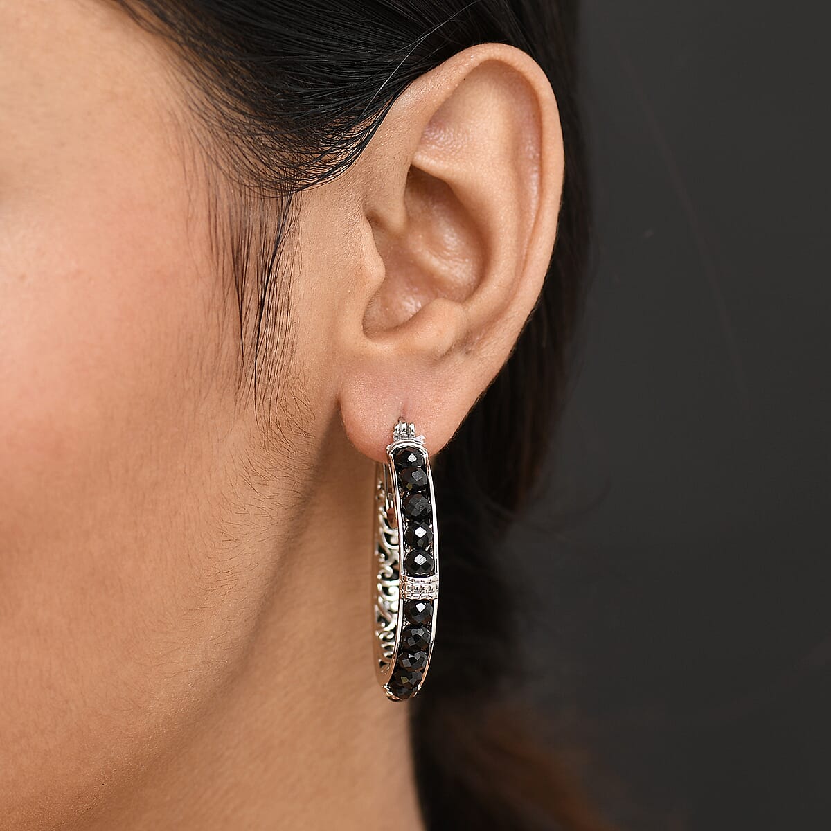 EverTrue Thai Black Spinel 20.15 ctw Hoop Earrings in Platinum Bond image number 2