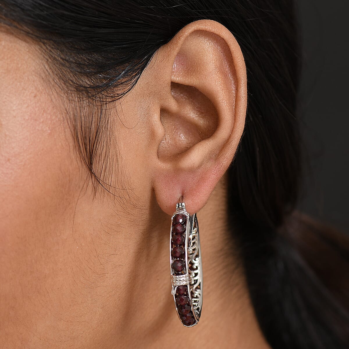 EverTrue Mozambique Garnet 28.00 ctw Hoop Earrings in Platinum Bond image number 2