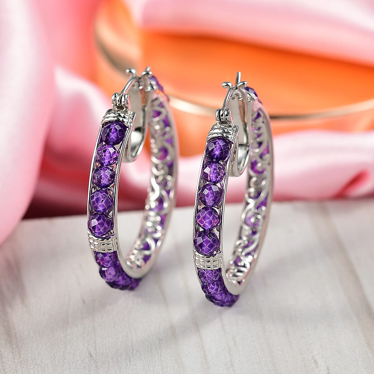 EverTrue African Amethyst 18.25 ctw Hoop Earrings in Platinum Bond image number 1