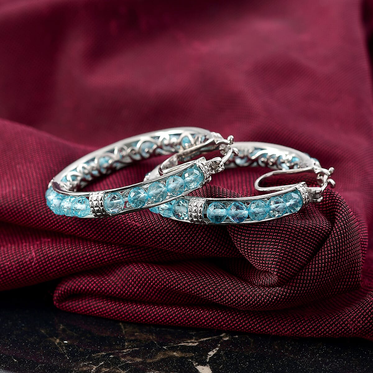 EverTrue Blue Apatite 18.75 ctw Hoop Earrings in Platinum Bond image number 1