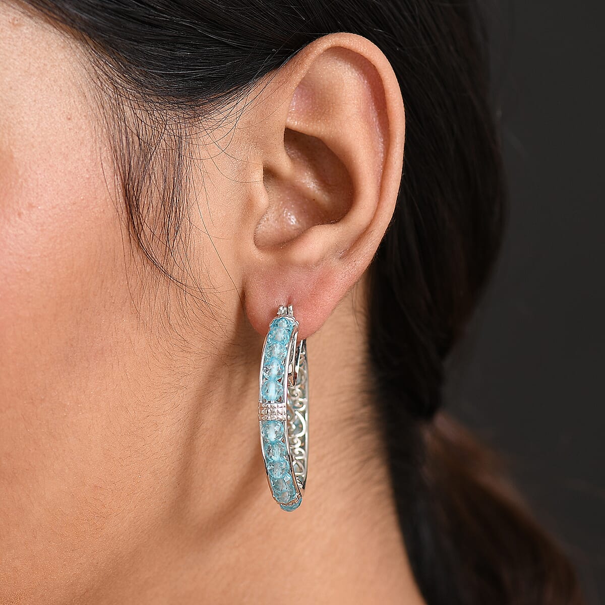 EverTrue Blue Apatite 18.75 ctw Hoop Earrings in Platinum Bond image number 2