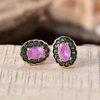 D'Joy Ilakaka Hot Pink Sapphire (FF) and Chrome Diopside 1.60 ctw Rosé Forest Earrings in 18K Vermeil Rose Gold Over Sterling Silver