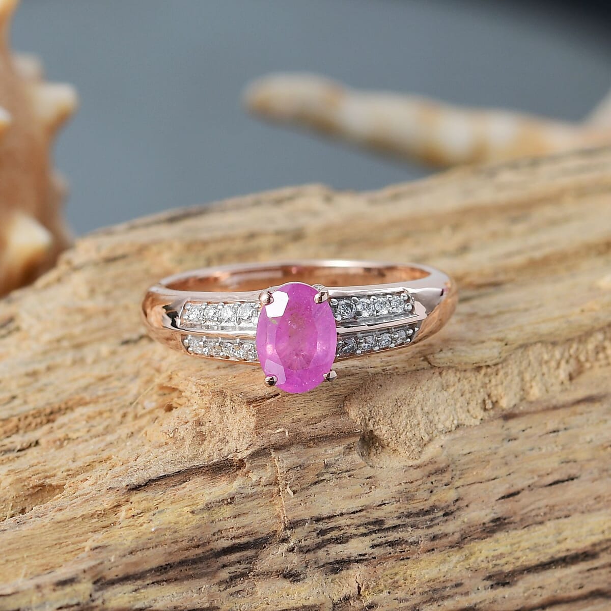 D'Joy Ilakaka Hot Pink Sapphire (FF) and Moissanite 1.30 ctw Glam Cascade Ring in 18K Vermeil Rose Gold Over Sterling Silver (Size 7.0) image number 1