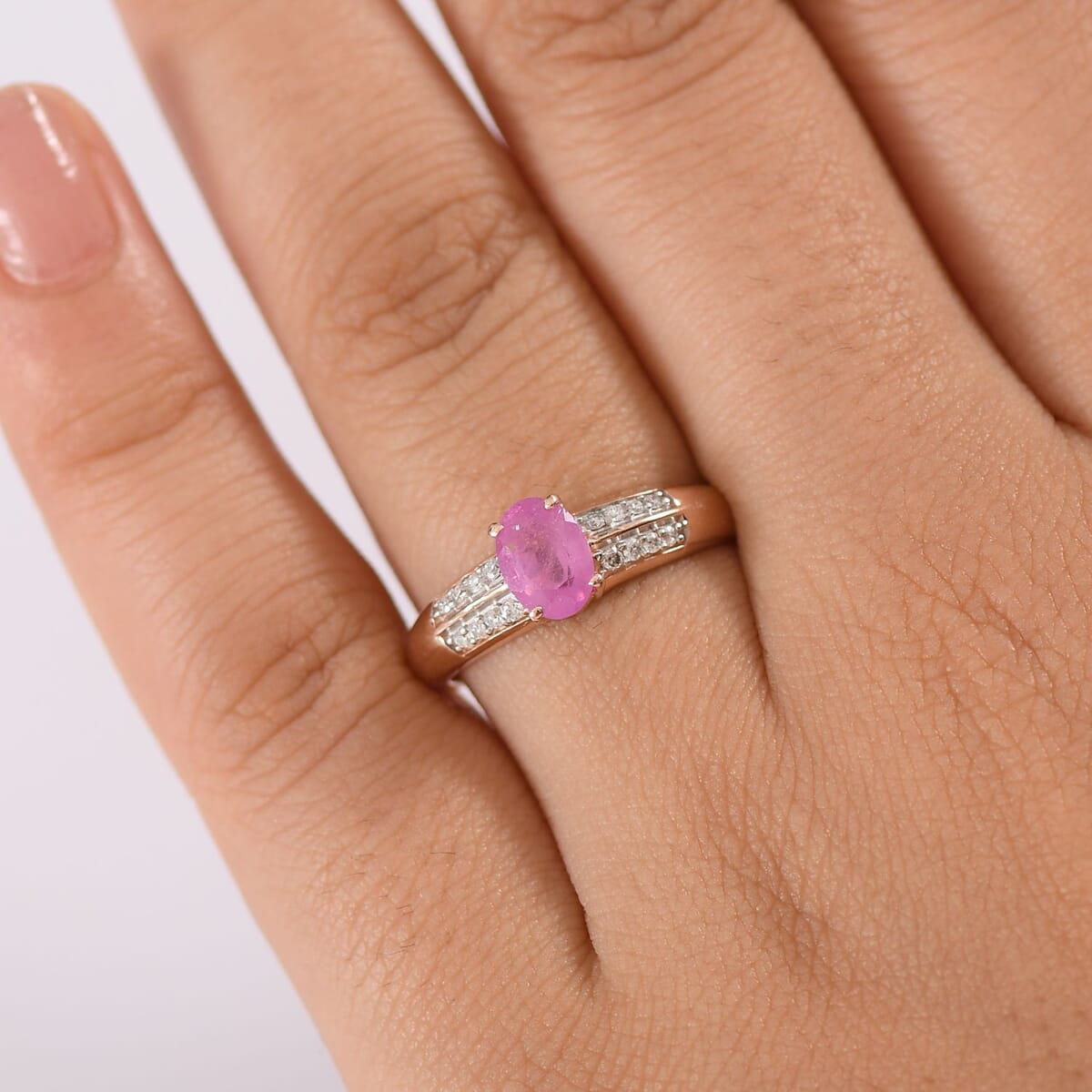 D'Joy Ilakaka Hot Pink Sapphire (FF) and Moissanite 1.30 ctw Glam Cascade Ring in 18K Vermeil Rose Gold Over Sterling Silver (Size 7.0) image number 2
