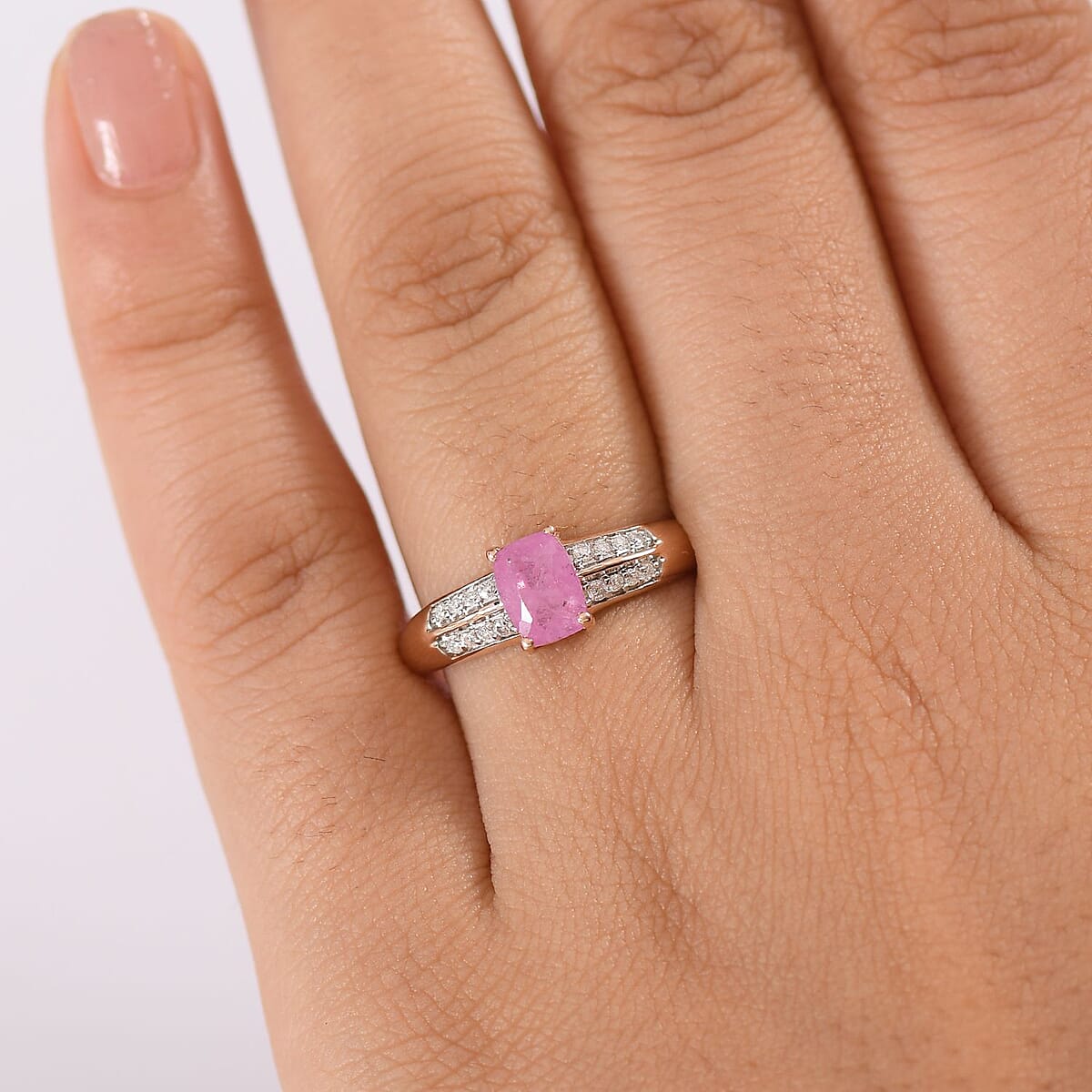 D'Joy Ilakaka Hot Pink Sapphire (FF) and Moissanite 1.50 ctw Glam Cascade Ring in 18K Vermeil Rose Gold Over Sterling Silver (Size 7.0) image number 2