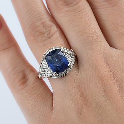 D'Joy Premium Kashmir Kyanite and Moissanite 5.90 ctw Moonlit Majesty Ring in Rhodium Over Sterling Silver (Size 10.0) 
