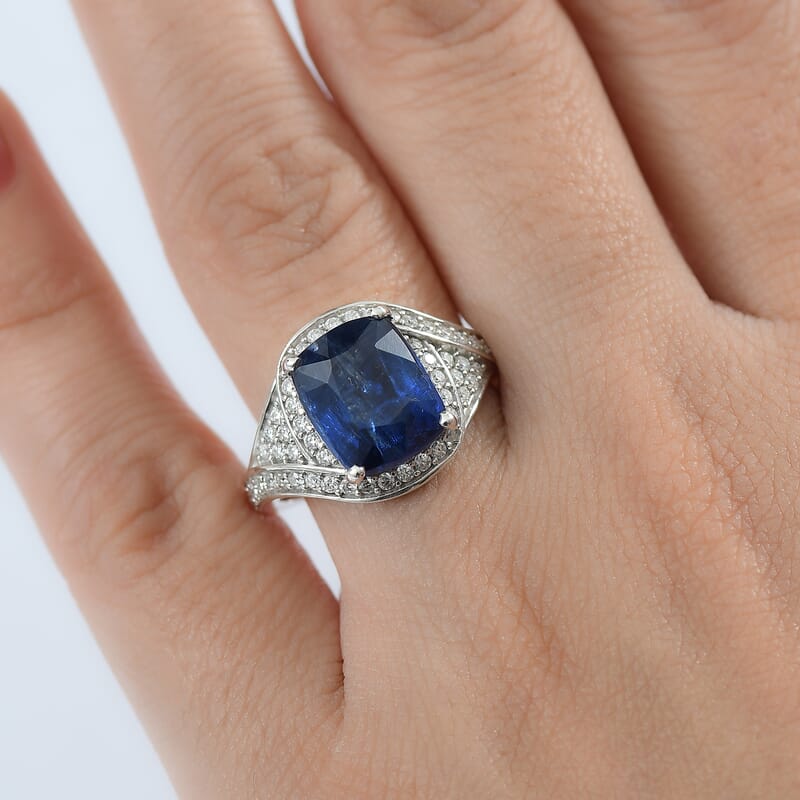 D'Joy Premium Kashmir Kyanite and Moissanite 5.90 ctw Moonlit Majesty Ring in Rhodium Over Sterling Silver (Size 10.0) 
