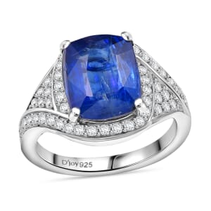 D'Joy Kashmir Kyanite and Moissanite 5.90 ctw Moonlit Majesty Ring in Rhodium Over Sterling Silver (Size 7.0)
