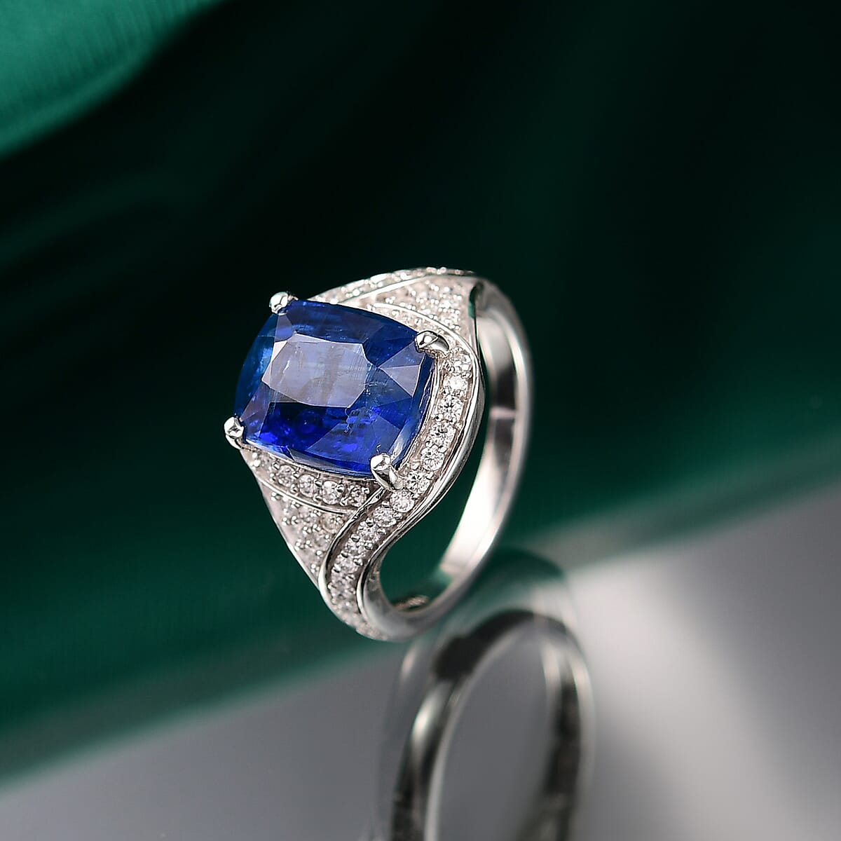 D'Joy Premium Kashmir Kyanite and Moissanite 5.90 ctw Moonlit Majesty Ring in Rhodium Over Sterling Silver (Size 9.0)  image number 1