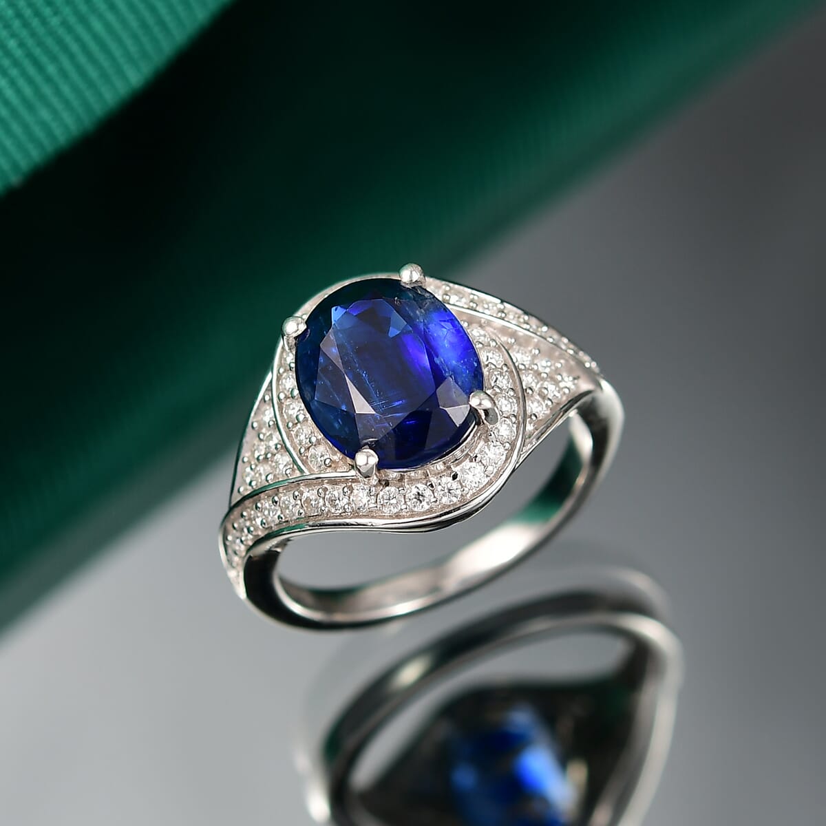 D'Joy Premium Kashmir Kyanite and Moissanite 5.00 ctw Moonlit Majesty Ring in Rhodium Over Sterling Silver (Size 10.0) image number 1