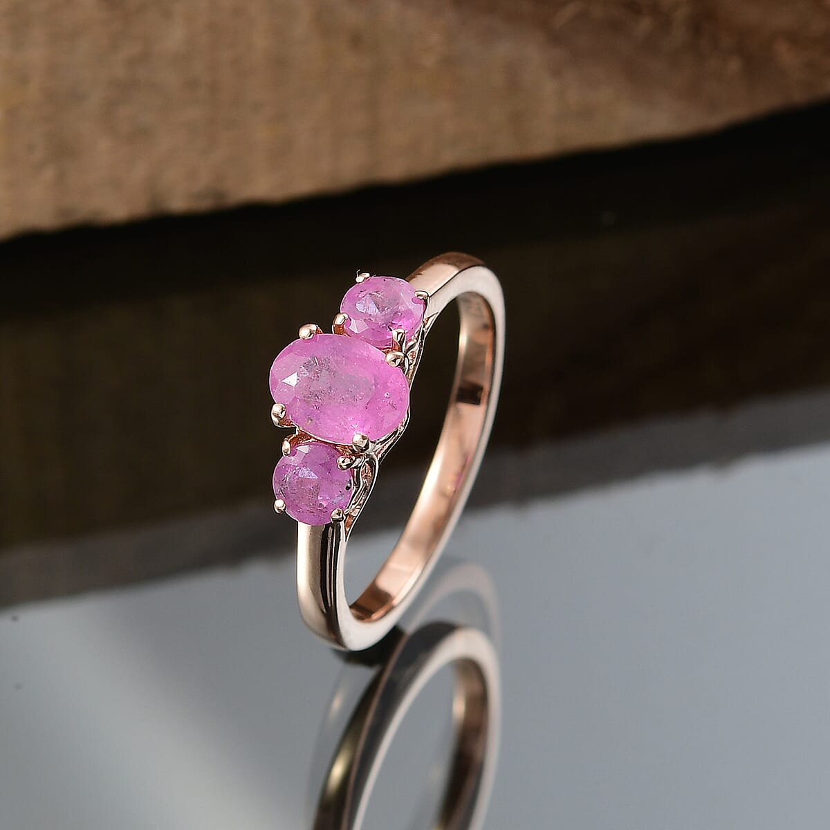D'Joy Ilakaka Hot Pink Sapphire (FF) 1.90 ctw Love Trio Ring in 18K Vermeil Rose Gold Over Sterling Silver (Size 7.0)  image number 1