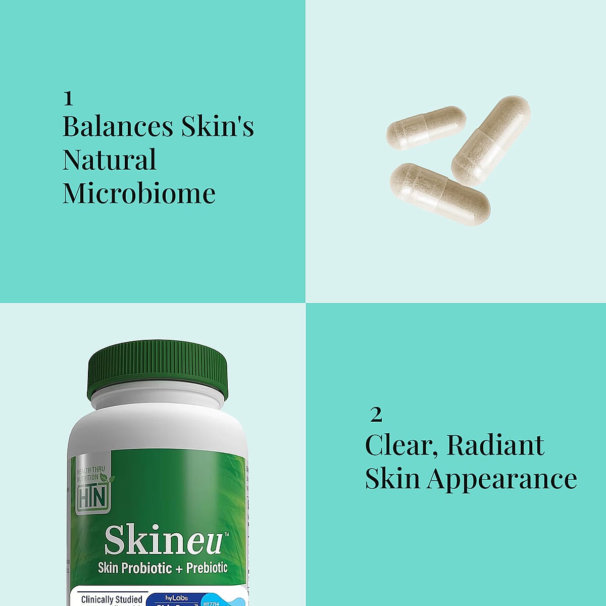 Health Thru Nutrition Skineu™ Skin Probiotic and Prebiotic (30 Vegecaps) image number 3