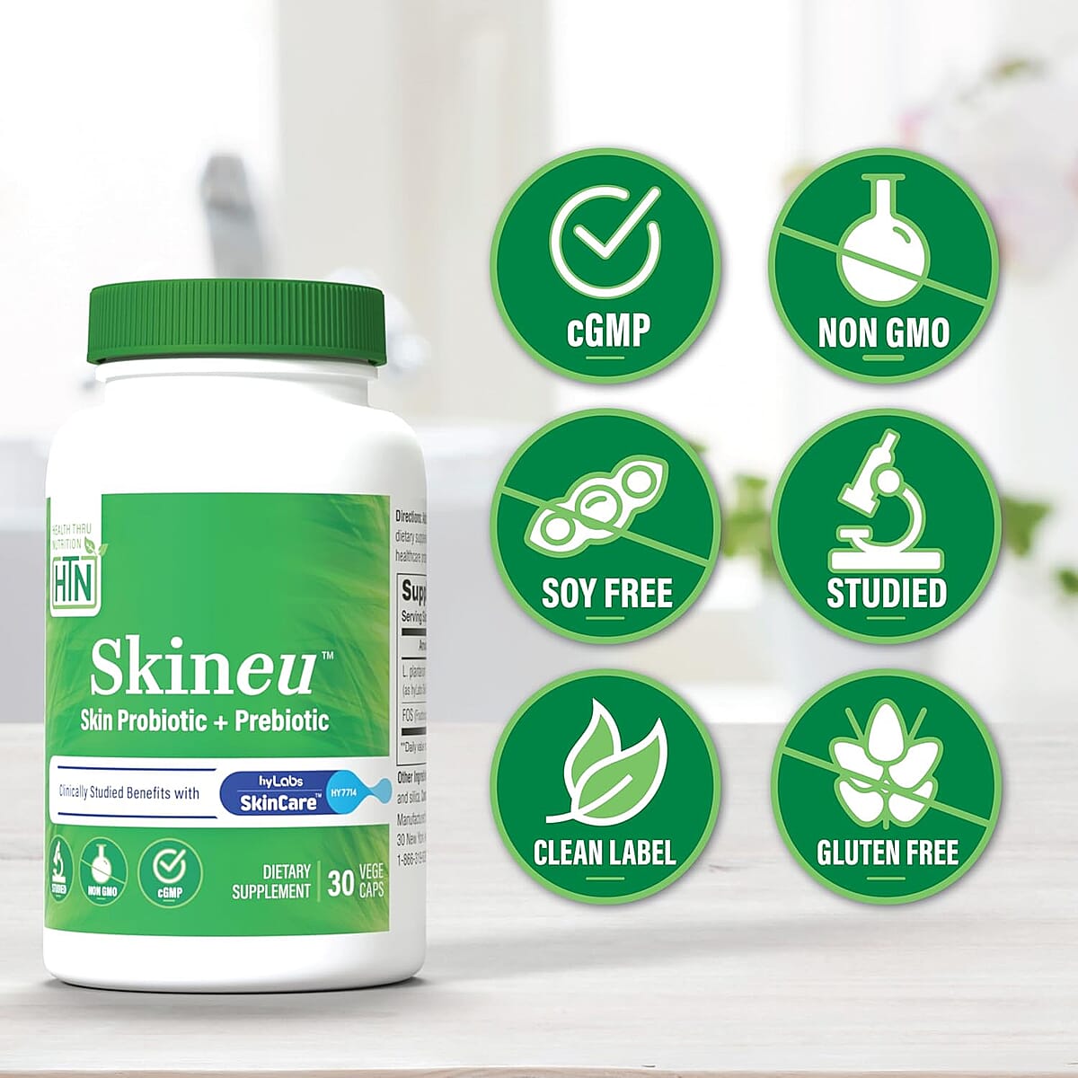 Health Thru Nutrition Skineu™ Skin Probiotic and Prebiotic (30 Vegecaps) image number 5