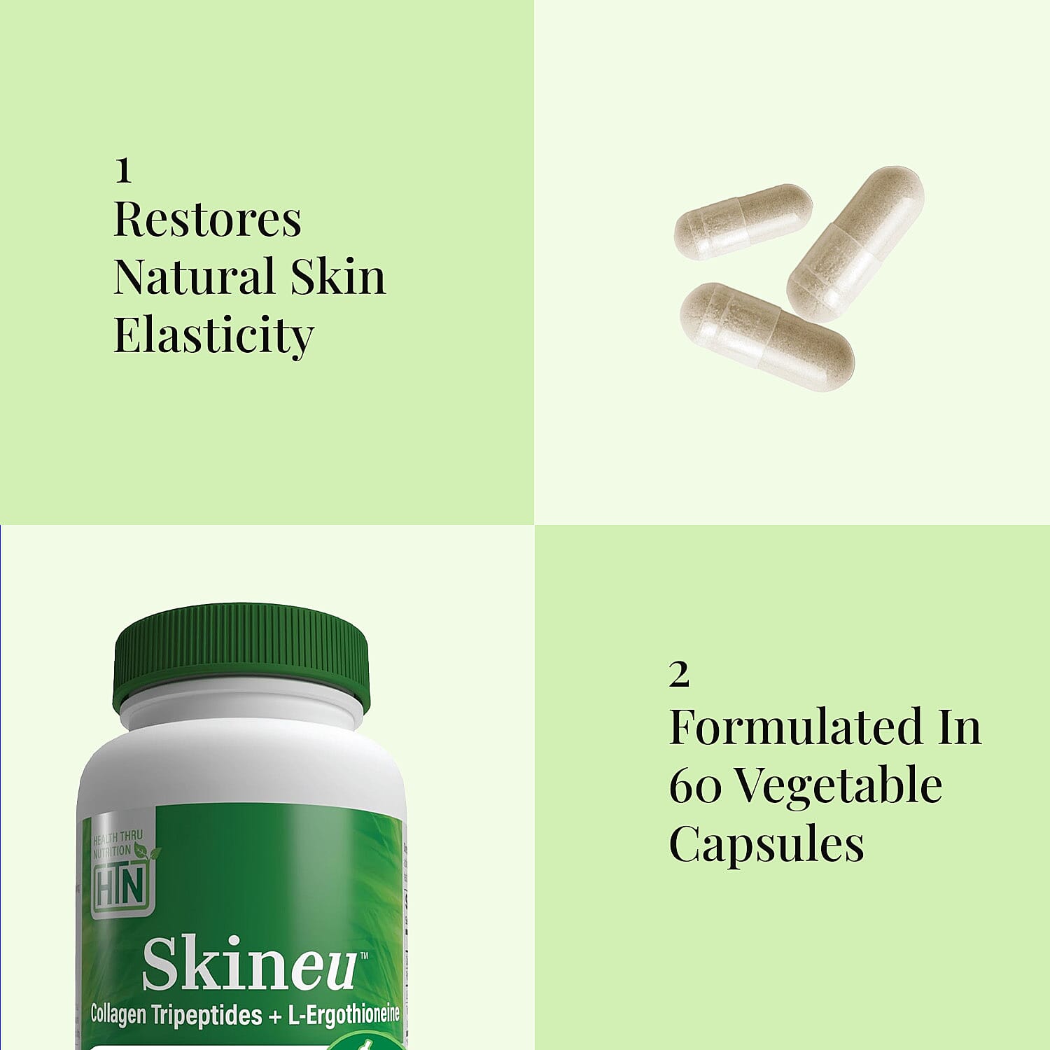 Health Thru Nutrition Skineu™ Collagen Tripeptide and EGT L-Ergothioneine (60 Vegecaps)