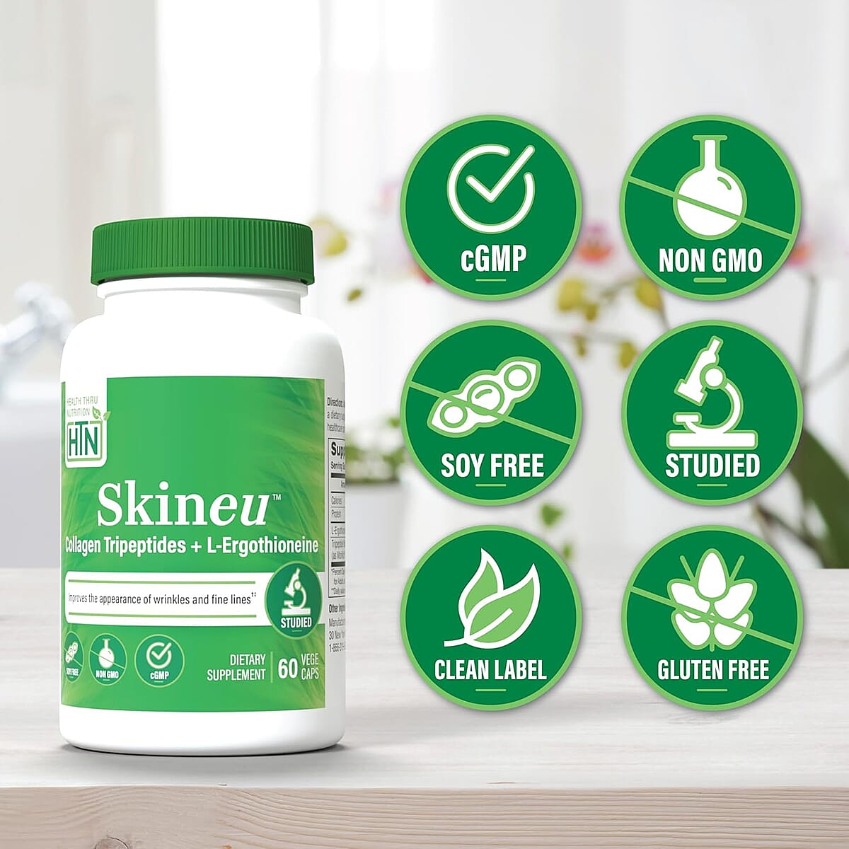 Health Thru Nutrition Skineu™ Collagen Tripeptide and EGT L-Ergothioneine (60 Vegecaps) image number 5