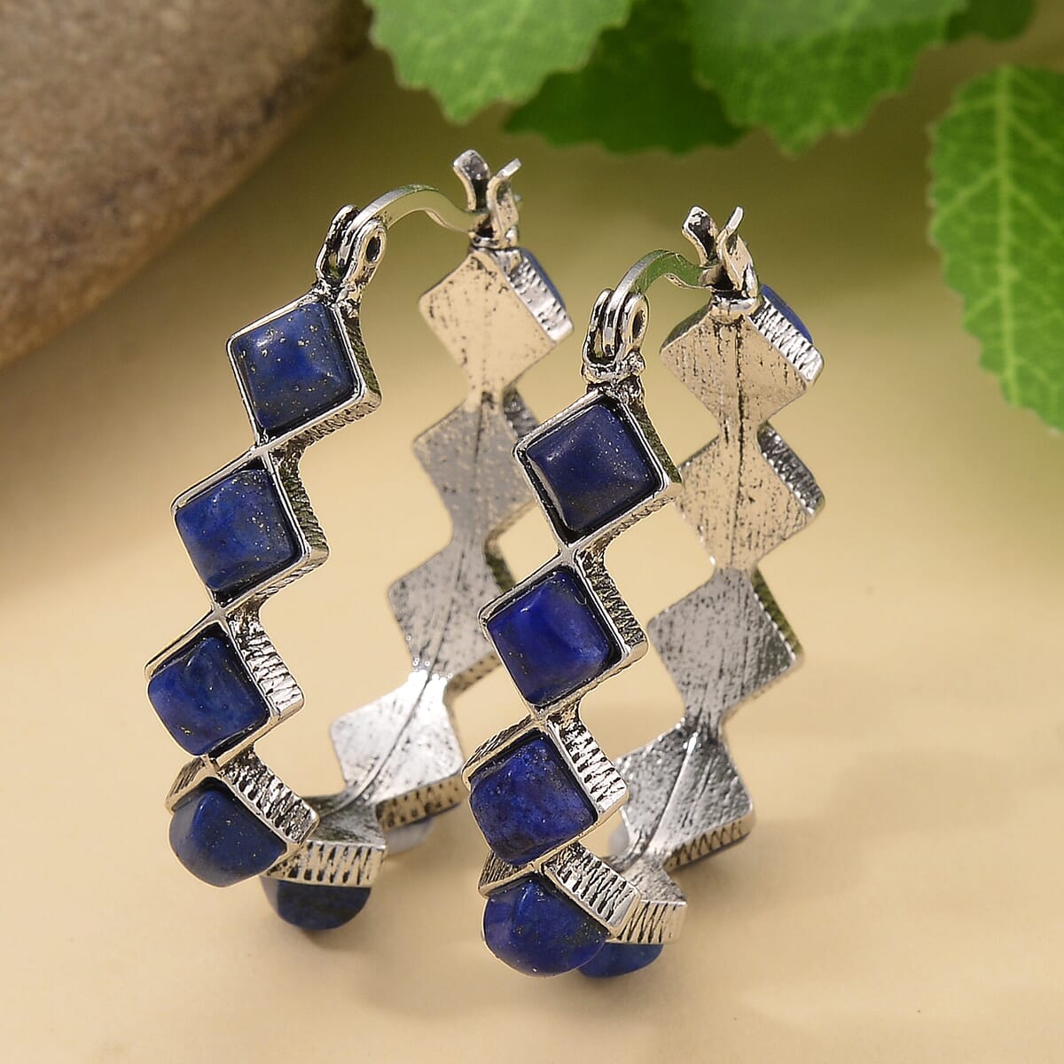 Lapis Lazuli 20.00 ctw Hoop Earrings in Silvertone  image number 1