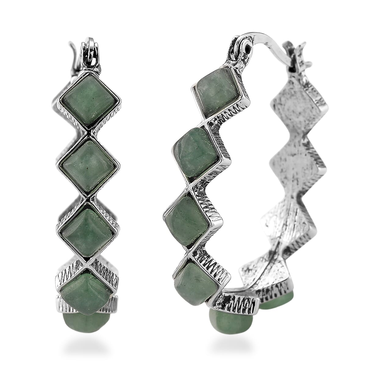 Green Aventurine 20 ctw Hoop Earrings in Silvertone image number 0