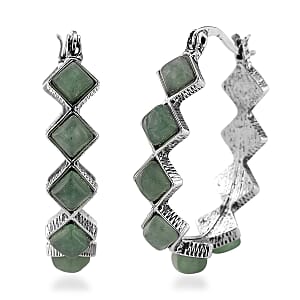 Green Aventurine 20 ctw Hoop Earrings in Silvertone