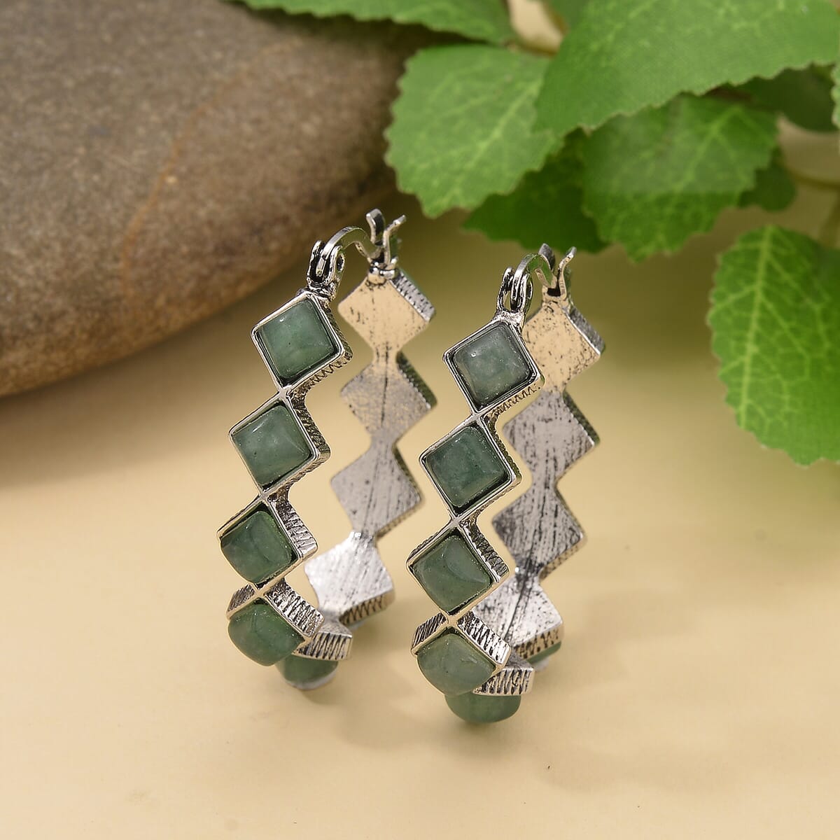Green Aventurine 20 ctw Hoop Earrings in Silvertone image number 1
