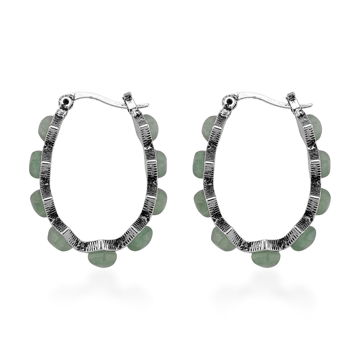 Green Aventurine 20 ctw Hoop Earrings in Silvertone image number 3
