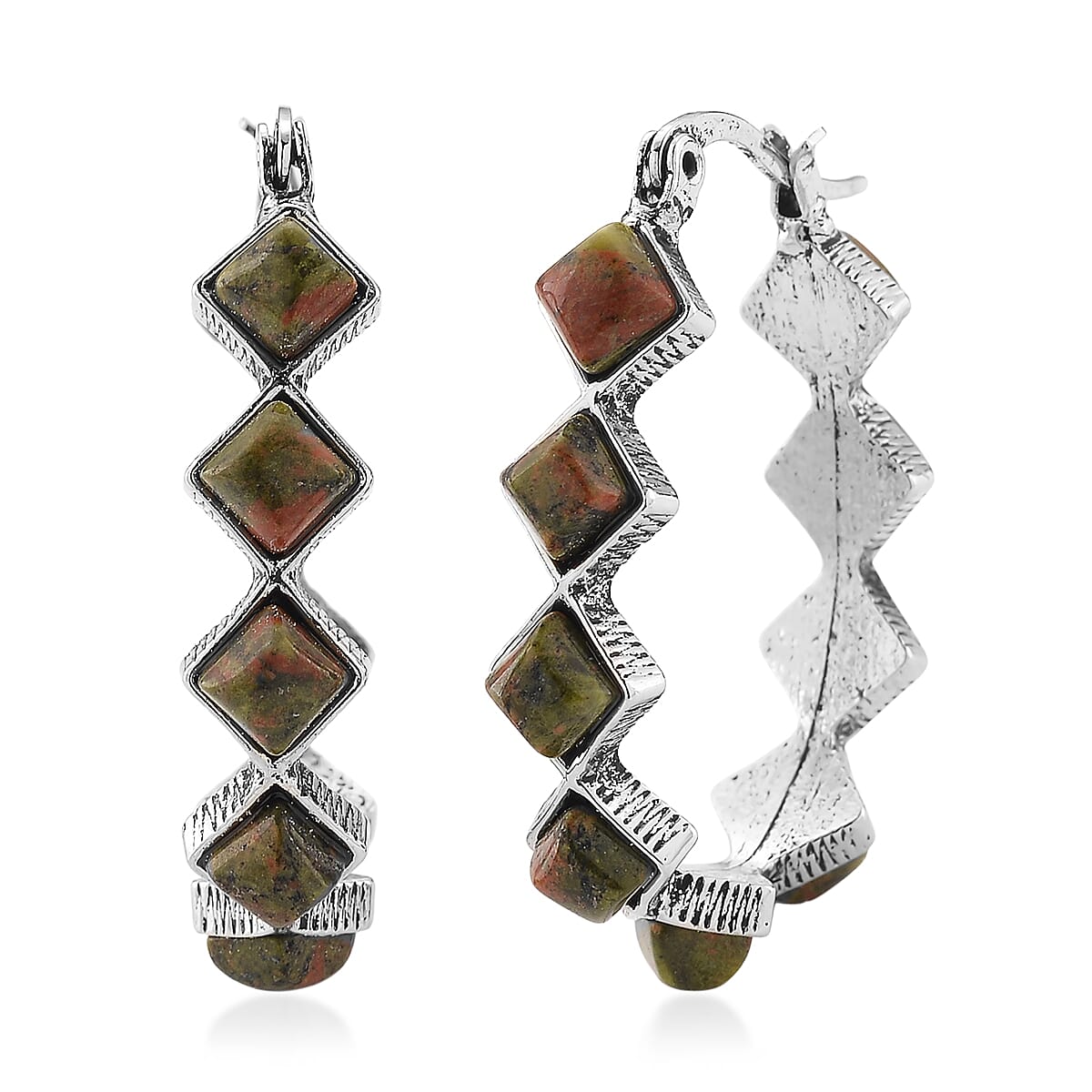 Unakite 20.00 ctw Hoop Earrings in Silvertone  image number 0
