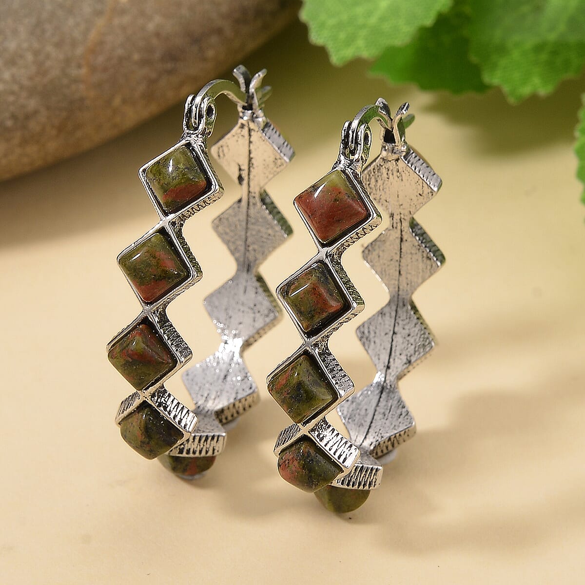 Unakite 20.00 ctw Hoop Earrings in Silvertone  image number 1