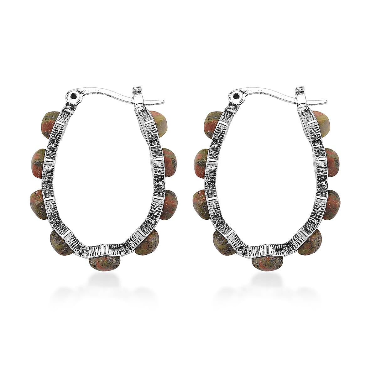 Unakite 20.00 ctw Hoop Earrings in Silvertone  image number 3