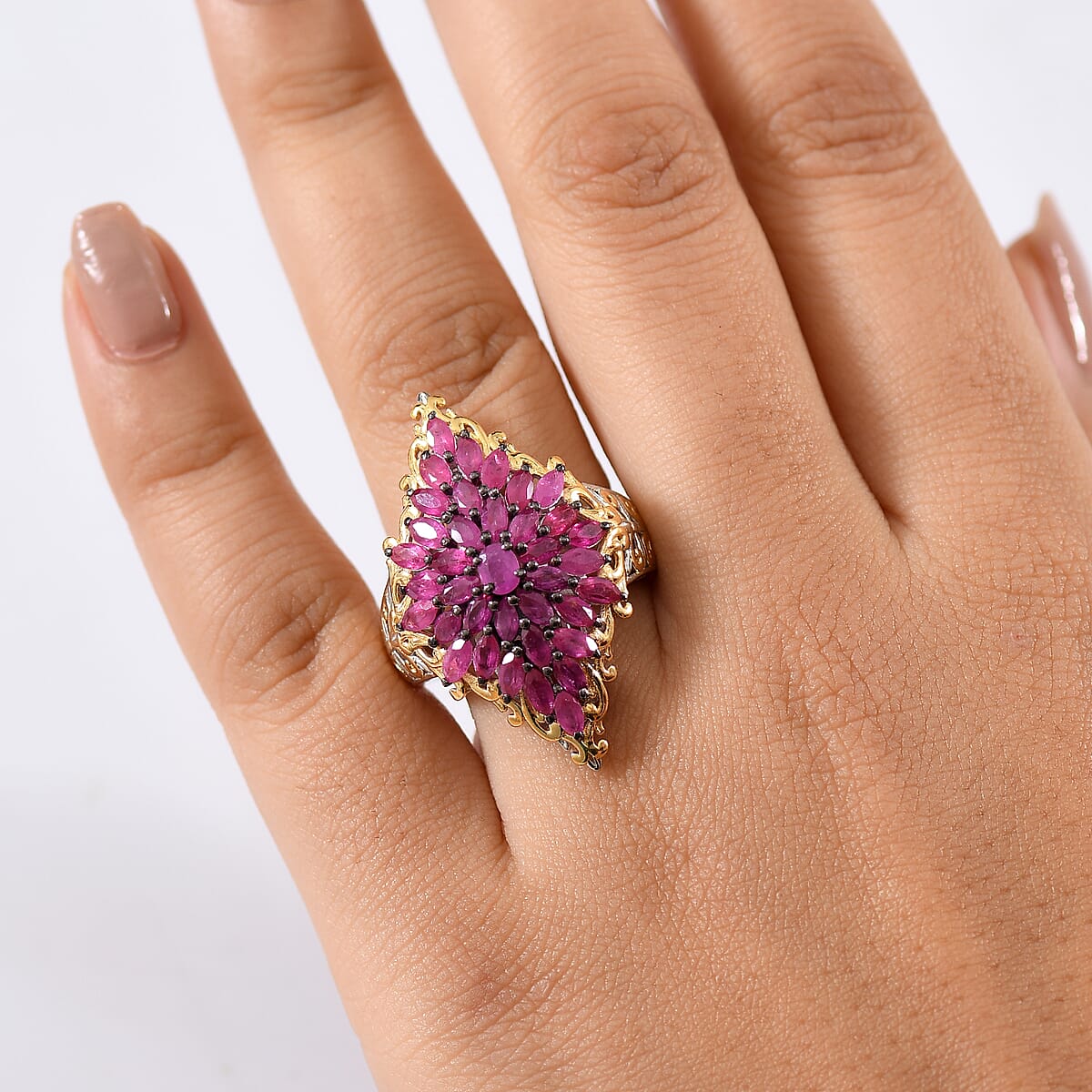 D'Joy Premium Mozambique Ruby 3.80 ctw Victorian Era Ring in 18K Vermeil YG and Rhodium Over Sterling Silver (Size  10.0) image number 2
