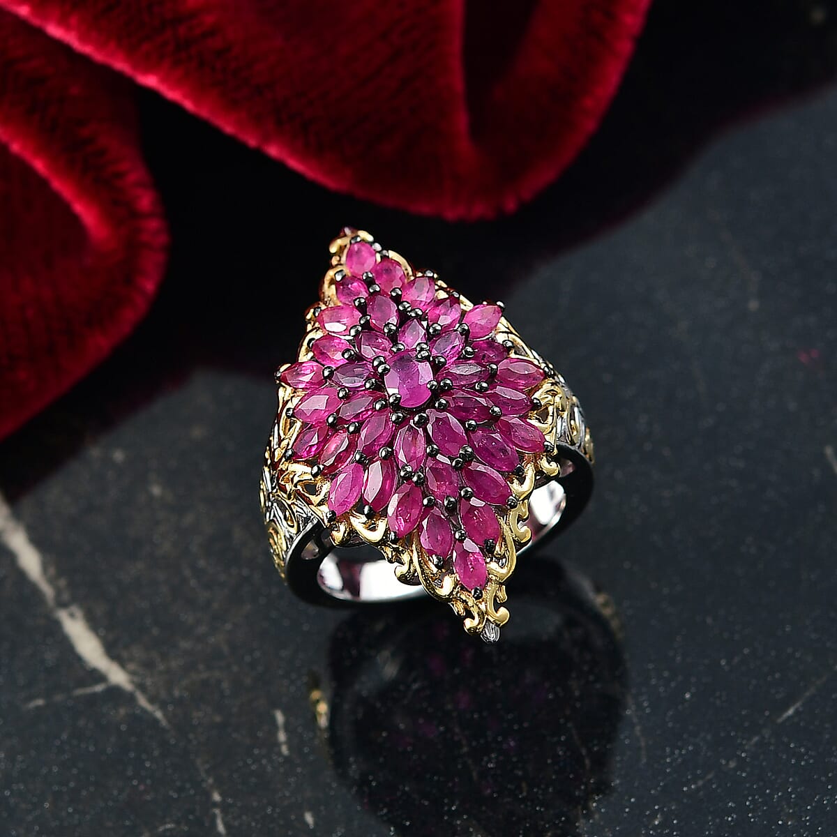 D'Joy Premium Mozambique Ruby 3.80 ctw Victorian Era Ring in 18K Vermeil YG and Rhodium Over Sterling Silver (Size  7.0) image number 1